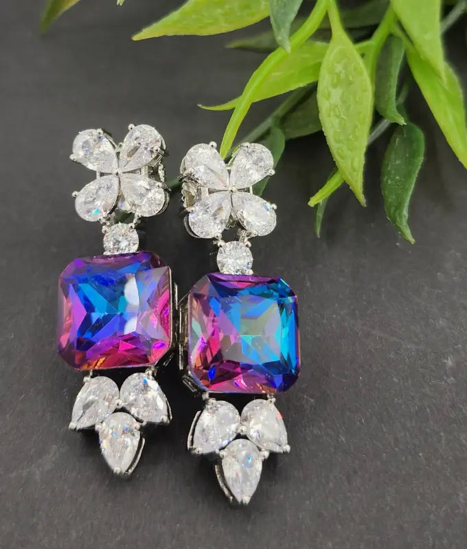 Handcrafted Jewelry with Glass Stone – Shiny Silver-Tone Elegance - Earrings