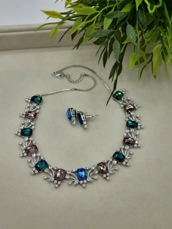 Handcrafted Jewelry with Cubic Zirconia, Glass Stone & Copper Alloy - Necklace Set