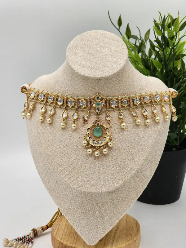 Handcrafted Kundan Jewelry with Cubic Zirconia, Beads & Glass Stone - Mint Glow - Necklace Set