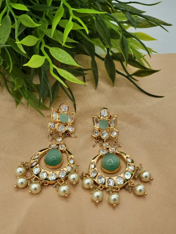 Handcrafted Kundan Jewelry with Cubic Zirconia, Beads & Glass Stone - Mint Glow - Necklace Set
