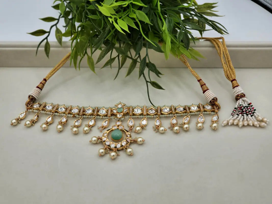 Handcrafted Kundan Jewelry with Cubic Zirconia, Beads & Glass Stone - Mint Glow - Necklace Set