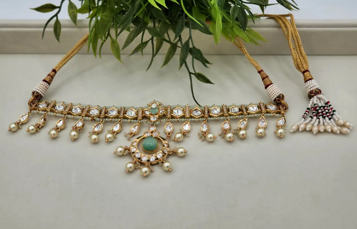 Handcrafted Kundan Jewelry with Cubic Zirconia, Beads & Glass Stone - Mint Glow - Necklace Set