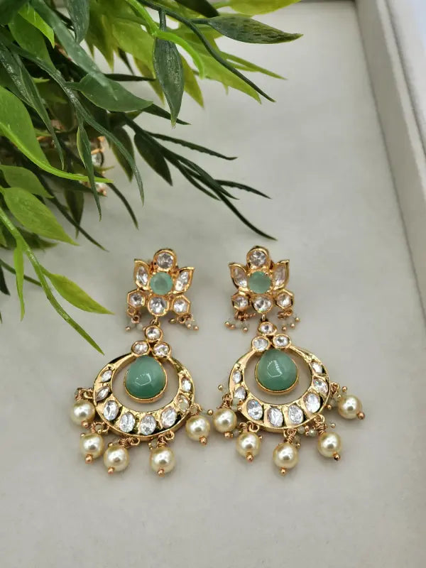Handcrafted Kundan Jewelry with Cubic Zirconia, Beads & Glass Stone - Mint Glow - Necklace Set