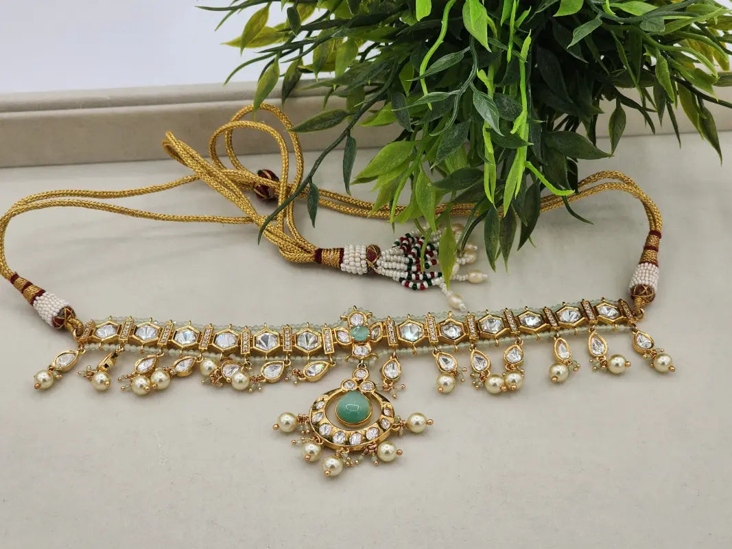 Handcrafted Kundan Jewelry with Cubic Zirconia, Beads & Glass Stone - Mint Glow - Necklace Set
