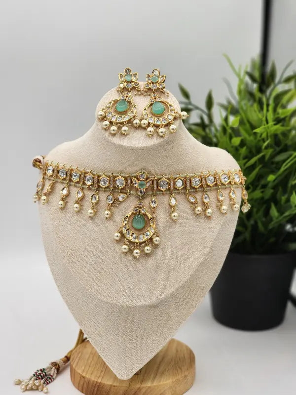 Handcrafted Kundan Jewelry with Cubic Zirconia, Beads & Glass Stone - Mint Glow - Necklace Set