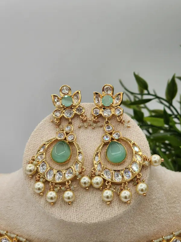 Handcrafted Kundan Jewelry with Cubic Zirconia, Beads & Glass Stone - Mint Glow - Necklace Set