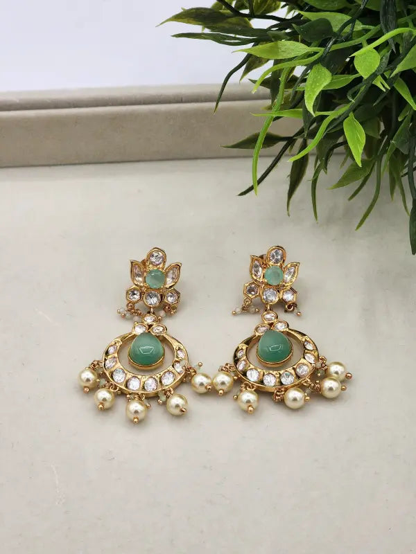 Handcrafted Kundan Jewelry with Cubic Zirconia, Beads & Glass Stone - Mint Glow - Necklace Set