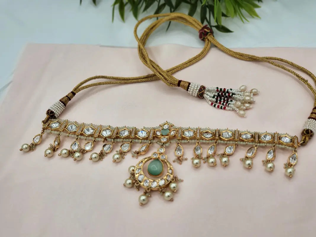 Handcrafted Kundan Jewelry with Cubic Zirconia, Beads & Glass Stone - Mint Glow - Necklace Set