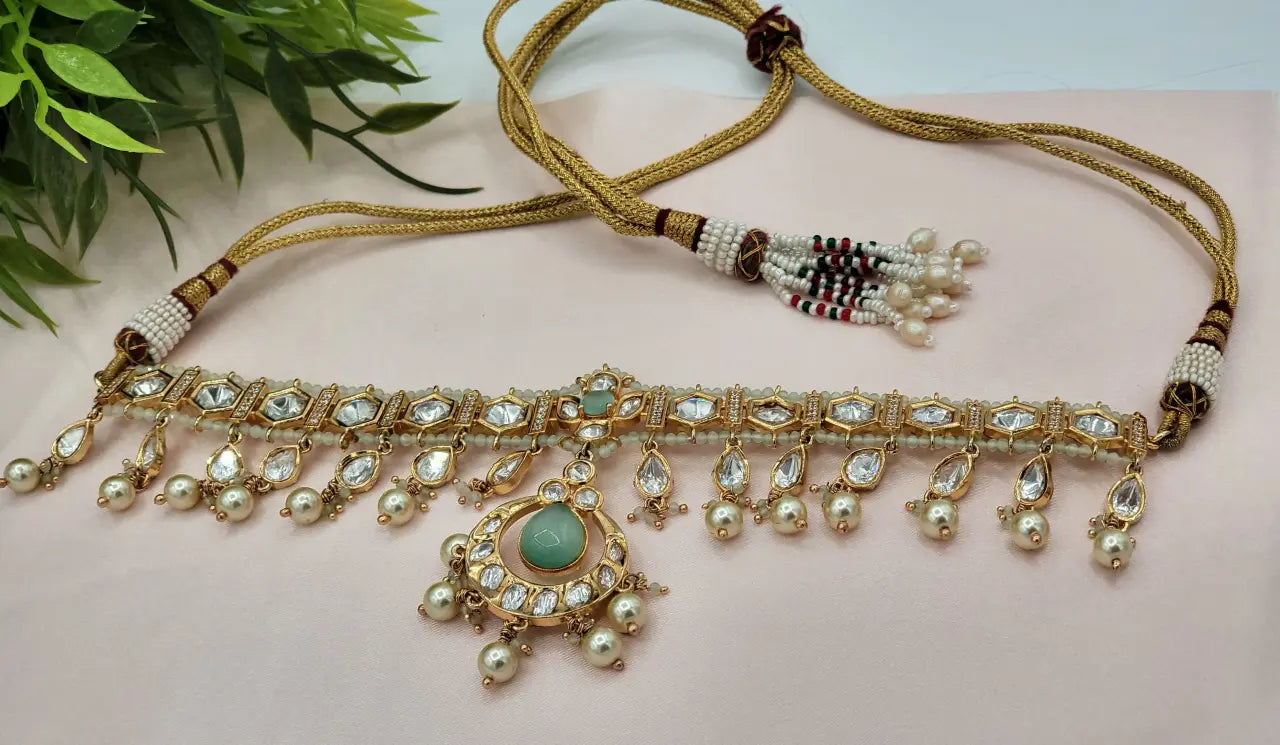 Handcrafted Kundan Jewelry with Cubic Zirconia, Beads & Glass Stone - Mint Glow - Necklace Set