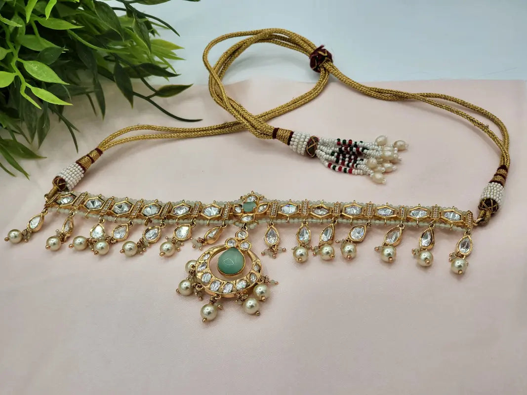 Handcrafted Kundan Jewelry with Cubic Zirconia, Beads & Glass Stone - Mint Glow - Necklace Set
