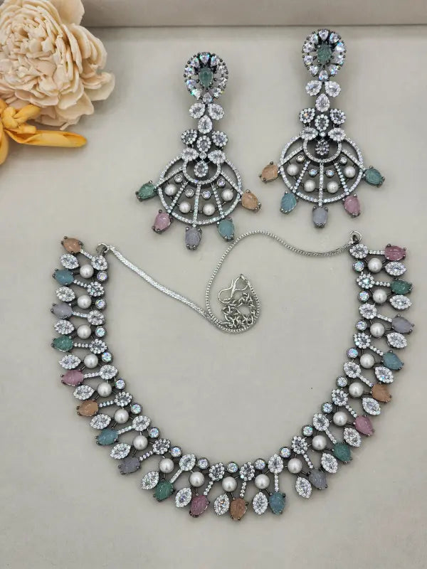 Handcrafted Jewelry with Copper Alloy, Cubic Zirconia, Glass Stone & Cultured Pearls - Multi-Color Elegance - Necklace Set