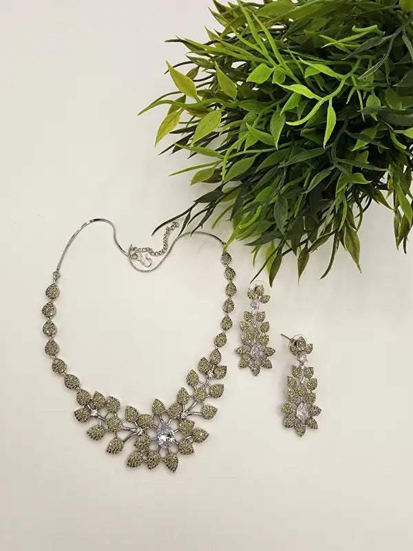 Handcrafted Jewelry with Glass Stone and Cubic Zirconia – Shiny Silver-Tone Elegance - Necklace Set