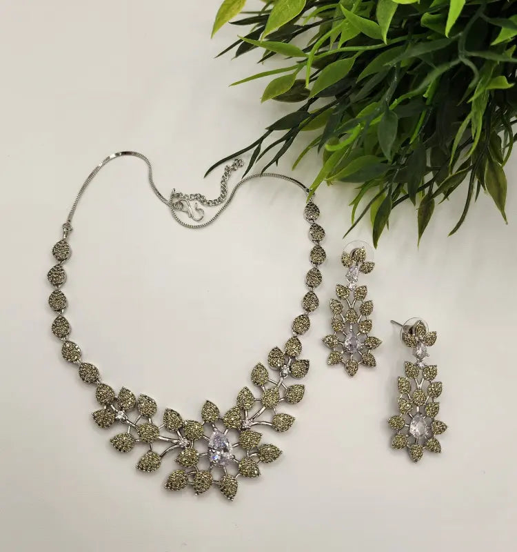 Handcrafted Jewelry with Glass Stone and Cubic Zirconia – Shiny Silver-Tone Elegance - Necklace Set