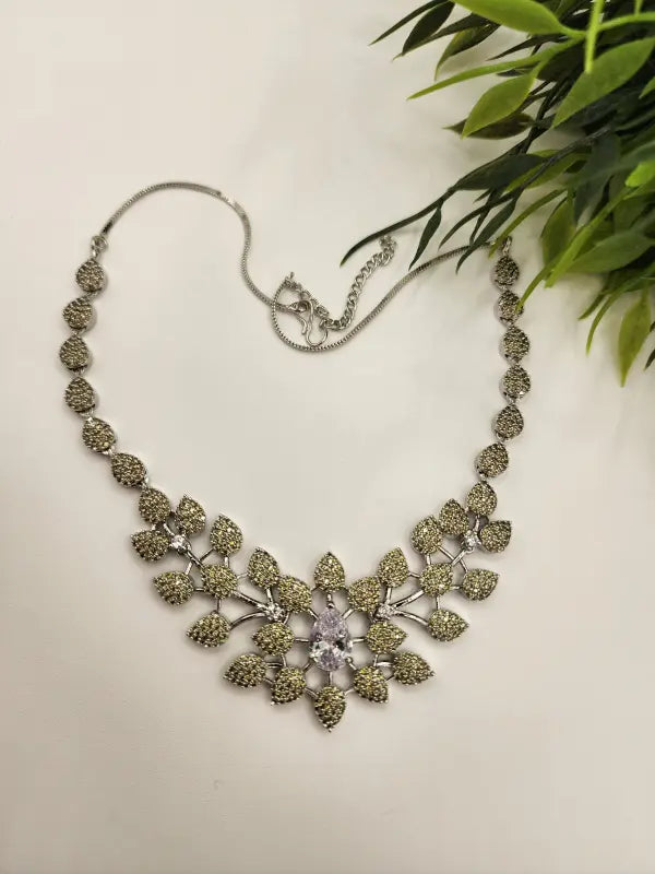 Handcrafted Jewelry with Glass Stone and Cubic Zirconia – Shiny Silver-Tone Elegance - Necklace Set