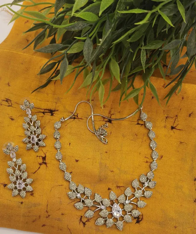Handcrafted Jewelry with Glass Stone and Cubic Zirconia – Shiny Silver-Tone Elegance - Necklace Set