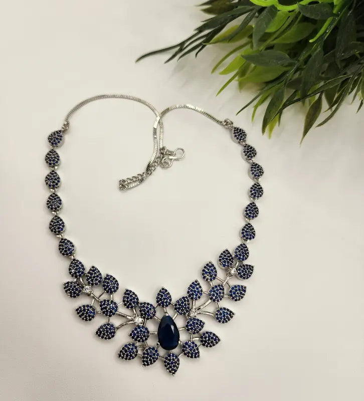 Handcrafted Jewelry with Glass Stone and Cubic Zirconia – Shiny Silver-Tone Elegance - Necklace Set