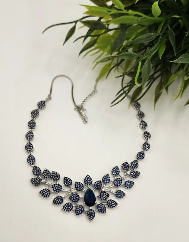 Handcrafted Jewelry with Glass Stone and Cubic Zirconia – Shiny Silver-Tone Elegance - Necklace Set