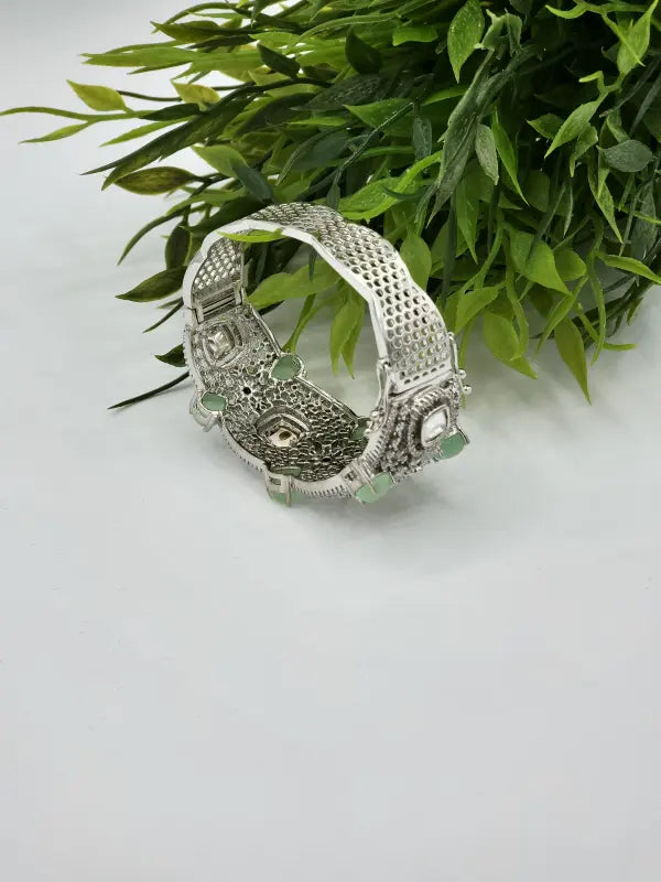 Handcrafted Teal Jewelry with Glass Stone and Cubic Zirconia – Shiny Silver-Tone Elegance - Bracelet