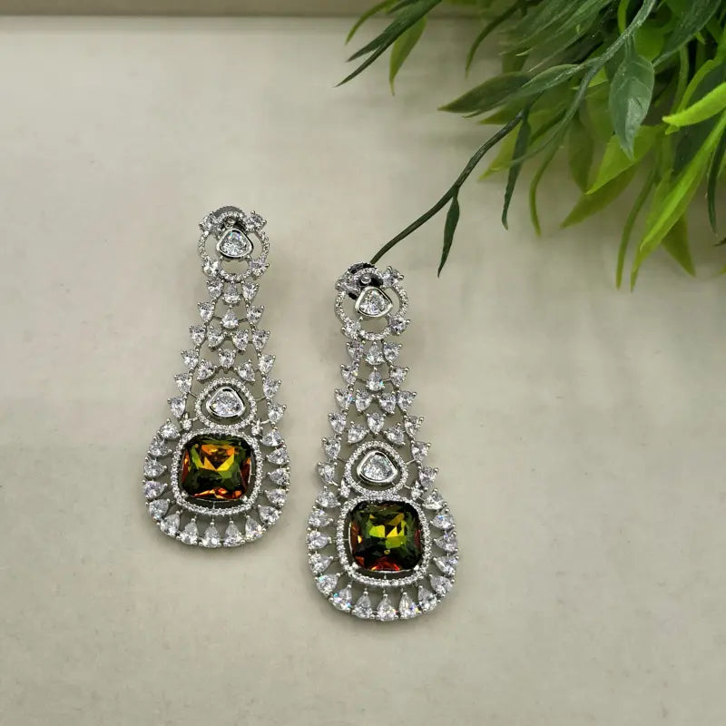 Handcrafted Jewelry with Glass Stone and Cubic Zirconia – Shiny Silver-Tone Elegance - Earrings