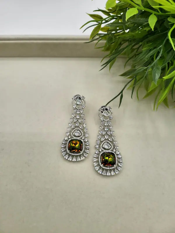Handcrafted Jewelry with Glass Stone and Cubic Zirconia – Shiny Silver-Tone Elegance - Earrings