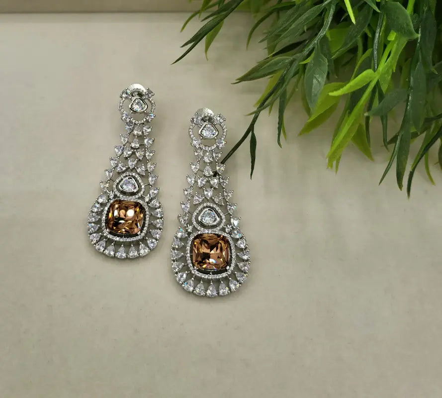 Handcrafted Jewelry with Glass Stone and Cubic Zirconia – Shiny Silver-Tone Elegance - Earrings