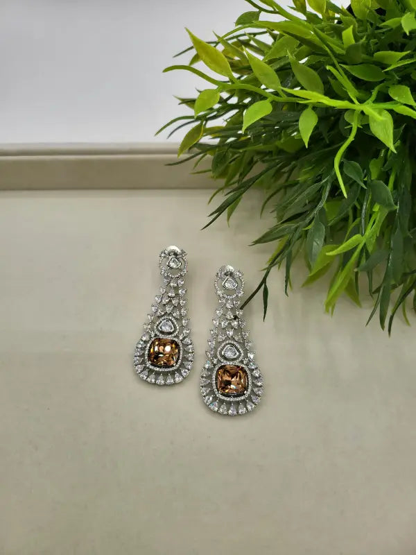 Handcrafted Jewelry with Glass Stone and Cubic Zirconia – Shiny Silver-Tone Elegance - Earrings