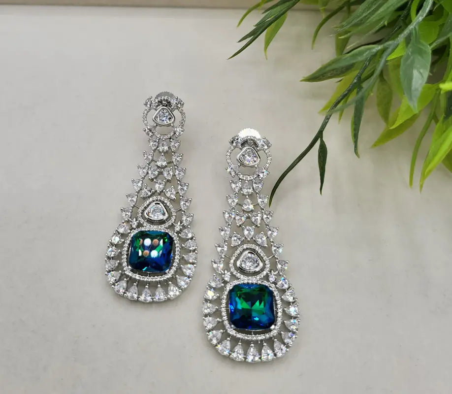 Handcrafted Jewelry with Glass Stone and Cubic Zirconia – Shiny Silver-Tone Elegance - Earrings