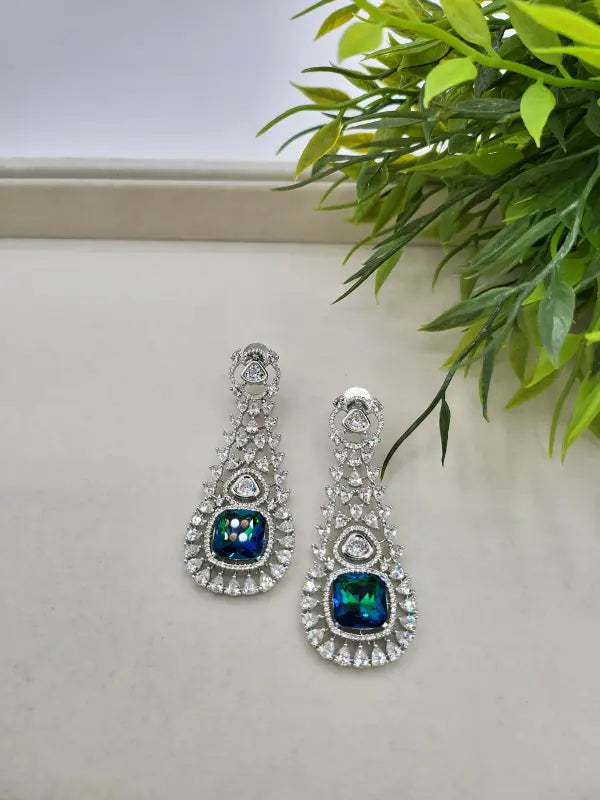 Handcrafted Jewelry with Glass Stone and Cubic Zirconia – Shiny Silver-Tone Elegance - Earrings