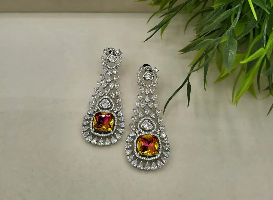 Handcrafted Jewelry with Glass Stone and Cubic Zirconia – Shiny Silver-Tone Elegance - Earrings