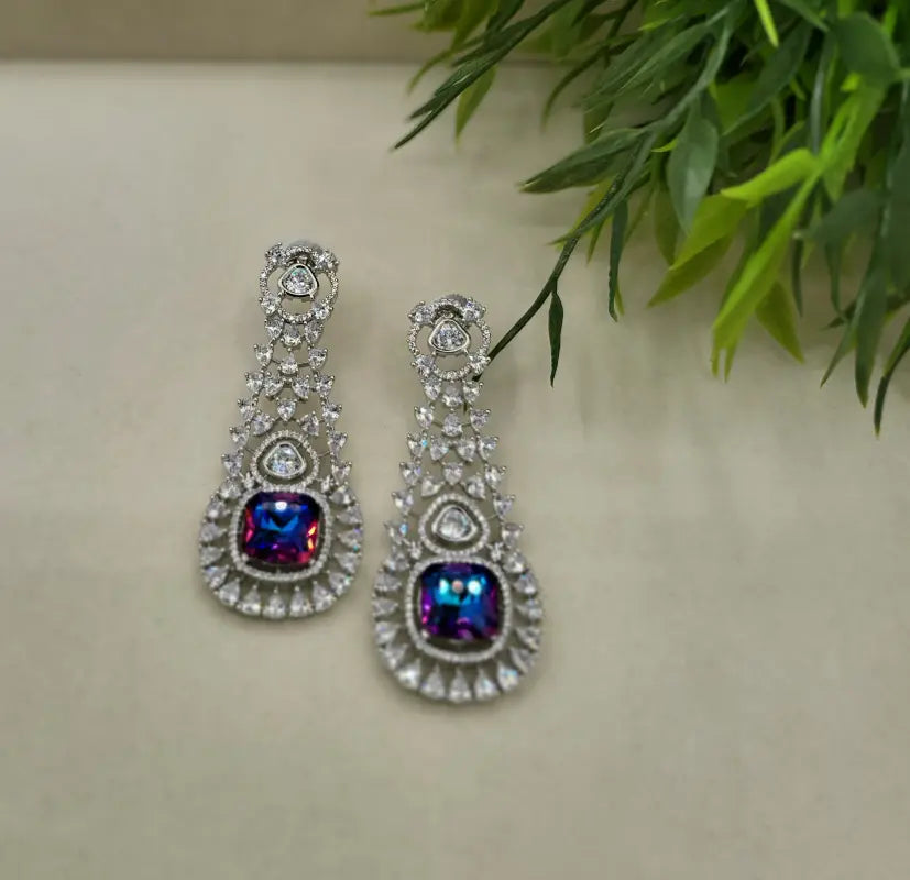 Handcrafted Jewelry with Glass Stone and Cubic Zirconia – Shiny Silver-Tone Elegance - Earrings