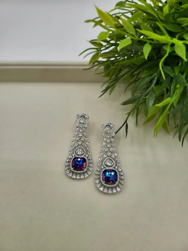 Handcrafted Jewelry with Glass Stone and Cubic Zirconia – Shiny Silver-Tone Elegance - Earrings
