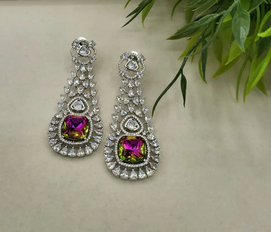 Handcrafted Jewelry with Glass Stone and Cubic Zirconia – Shiny Silver-Tone Elegance - Earrings