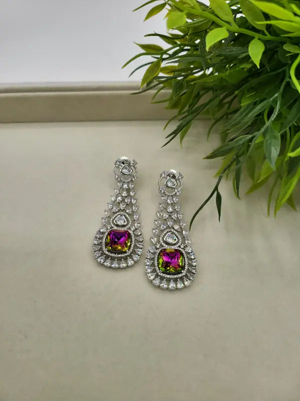Handcrafted Jewelry with Glass Stone and Cubic Zirconia – Shiny Silver-Tone Elegance - Earrings