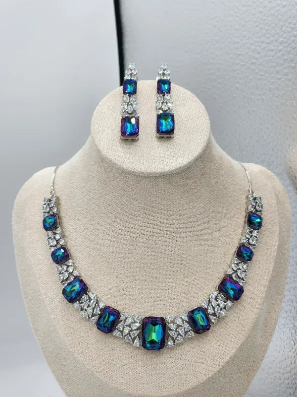 Handcrafted Jewelry with Cubic Zirconia, Glass Stone & Copper Alloy - Blue Radiance - Necklace Set