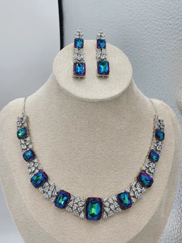 Handcrafted Jewelry with Cubic Zirconia, Glass Stone & Copper Alloy - Blue Radiance - Necklace Set