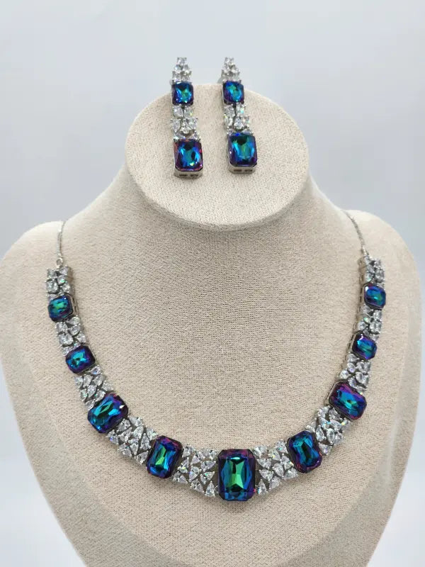 Handcrafted Jewelry with Cubic Zirconia, Glass Stone & Copper Alloy - Blue Radiance - Necklace Set