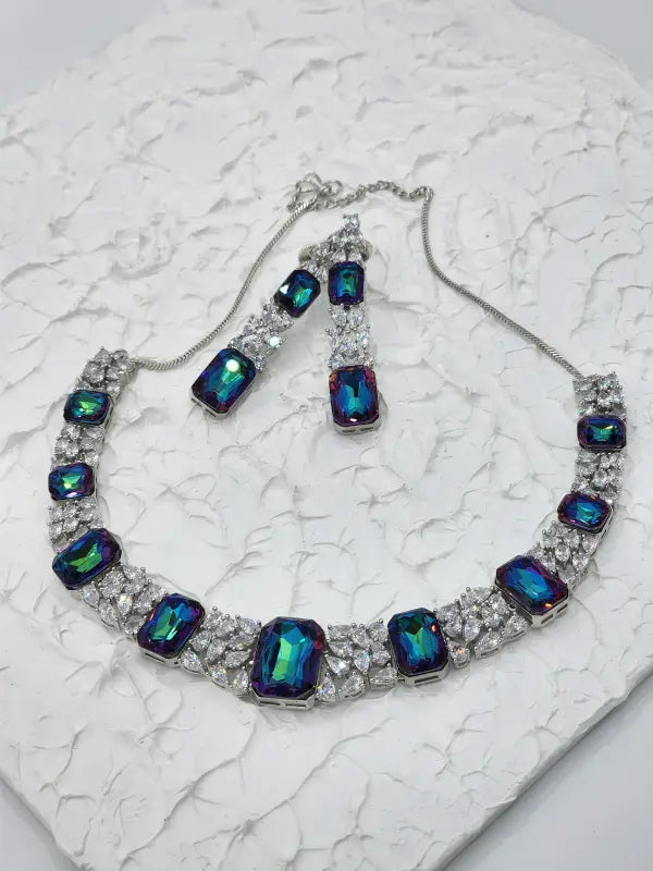 Handcrafted Jewelry with Cubic Zirconia, Glass Stone & Copper Alloy - Blue Radiance - Necklace Set