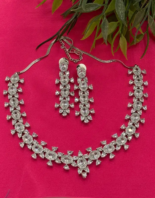 Handcrafted Jewelry with Glass Stone and Cubic Zirconia – Shiny Silver-Tone Elegance - Necklace Set