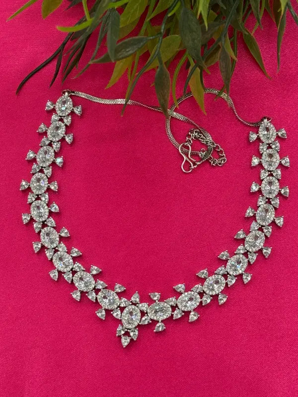 Handcrafted Jewelry with Glass Stone and Cubic Zirconia – Shiny Silver-Tone Elegance - Necklace Set