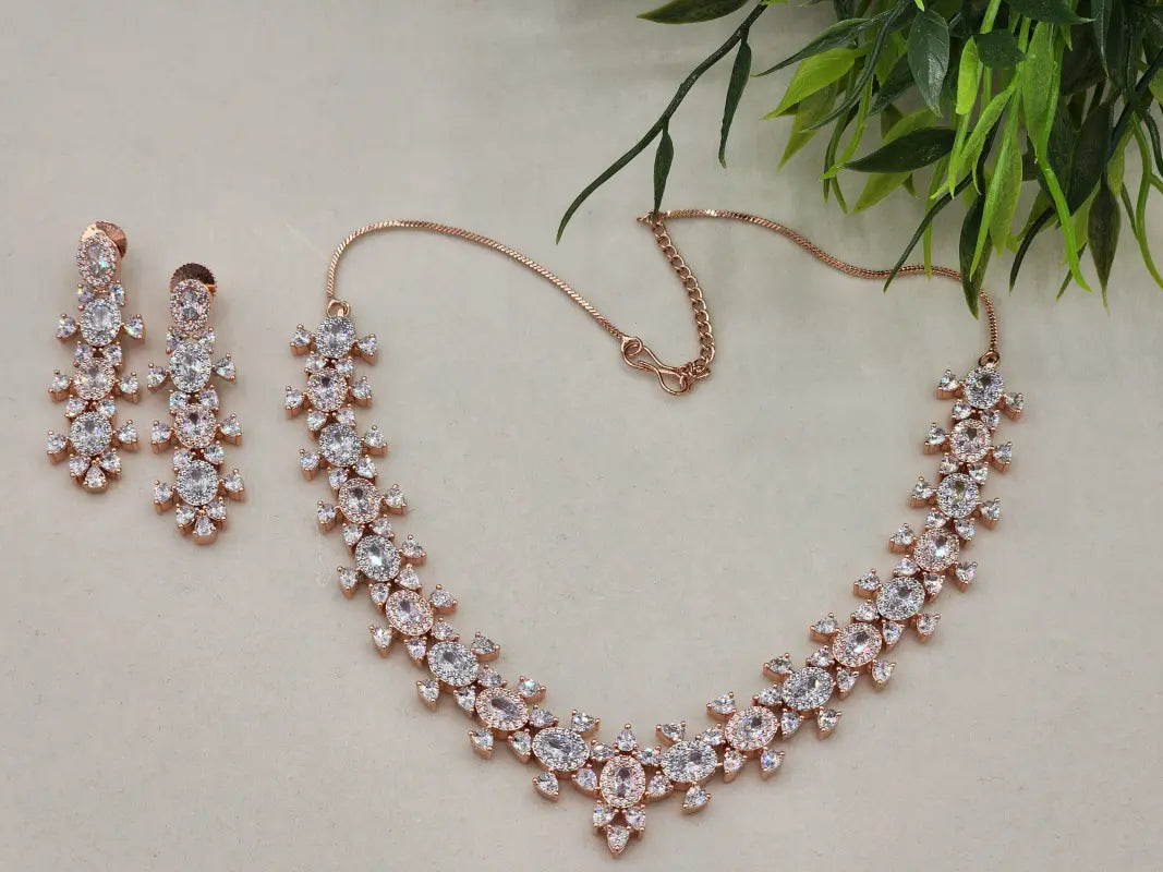 Handcrafted Jewelry with Glass Stone and Cubic Zirconia – Shiny Silver-Tone Elegance - Necklace Set
