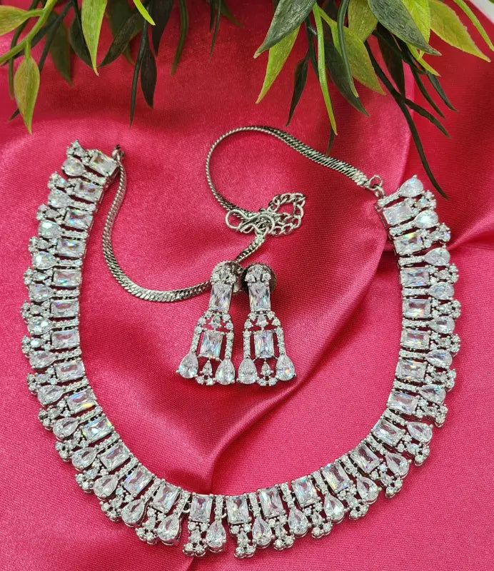 Handcrafted White Jewelry with Copper Alloy and Cubic Zirconia – Shiny Silver Elegance - Necklace Set