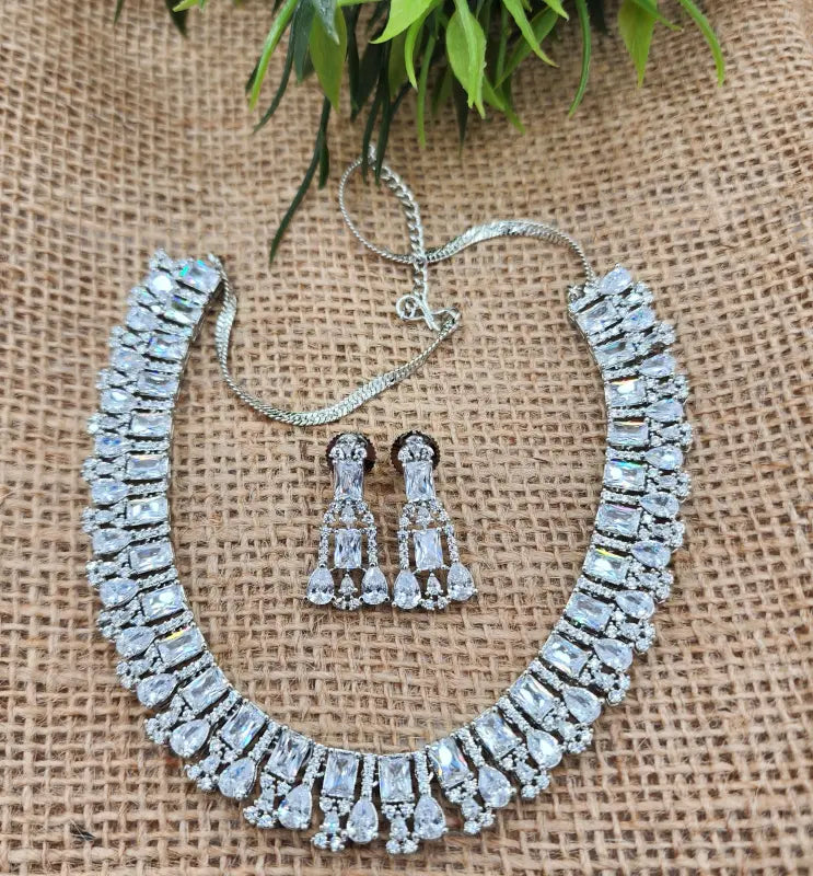 Handcrafted White Jewelry with Copper Alloy and Cubic Zirconia – Shiny Silver Elegance - Necklace Set