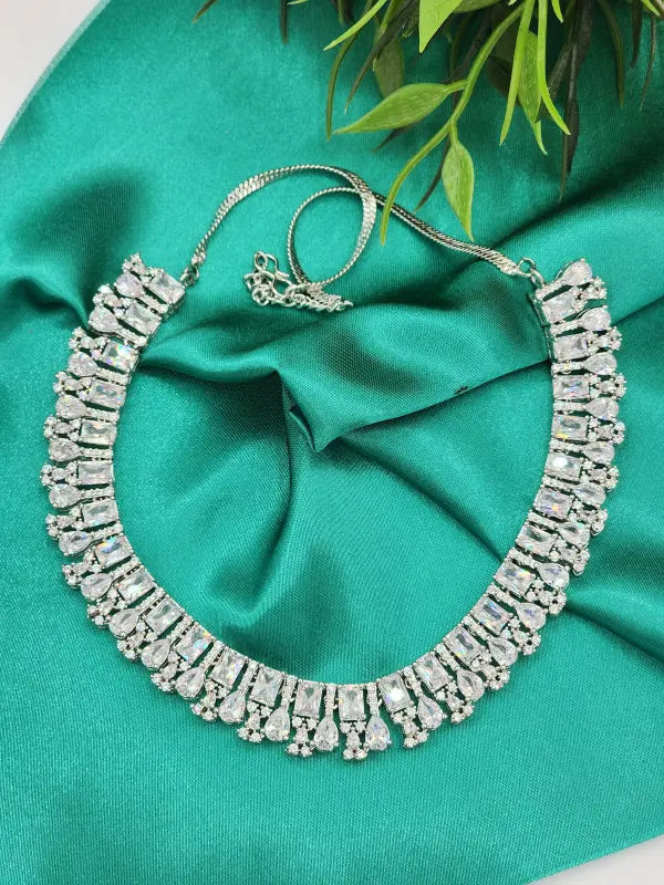 Handcrafted White Jewelry with Copper Alloy and Cubic Zirconia – Shiny Silver Elegance - Necklace Set