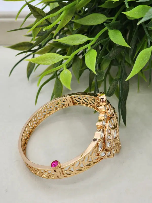 Elegant Handcrafted Kundan Jaali Jewelry in Golden Tone with White Glass and Cubic Zirconia - Bracelet