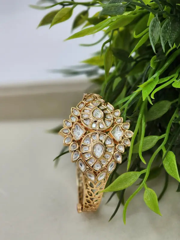 Elegant Handcrafted Kundan Jaali Jewelry in Golden Tone with White Glass and Cubic Zirconia - Bracelet