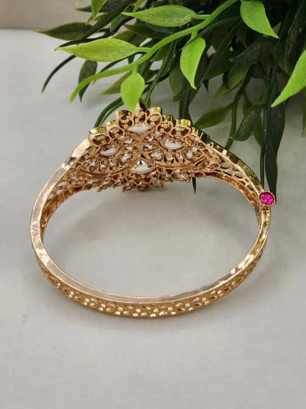 Elegant Handcrafted Kundan Jaali Jewelry in Golden Tone with White Glass and Cubic Zirconia - Bracelet