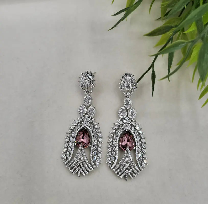 Stunning Handcrafted Silver Tone Jewelry with Brown Glass and Cubic Zirconia - Earrings