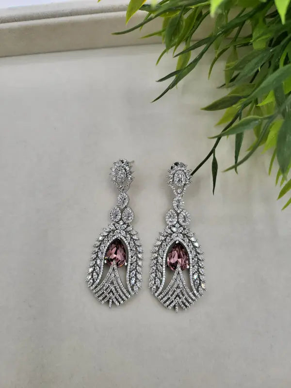 Stunning Handcrafted Silver Tone Jewelry with Brown Glass and Cubic Zirconia - Earrings