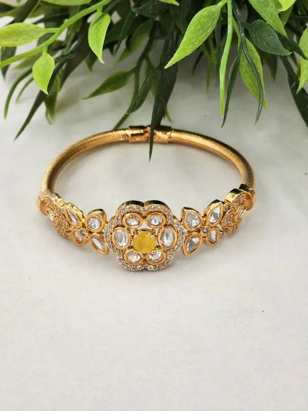 Handcrafted Kundan Jewelry with White Glass Stone and Golden Tone - Bracelet