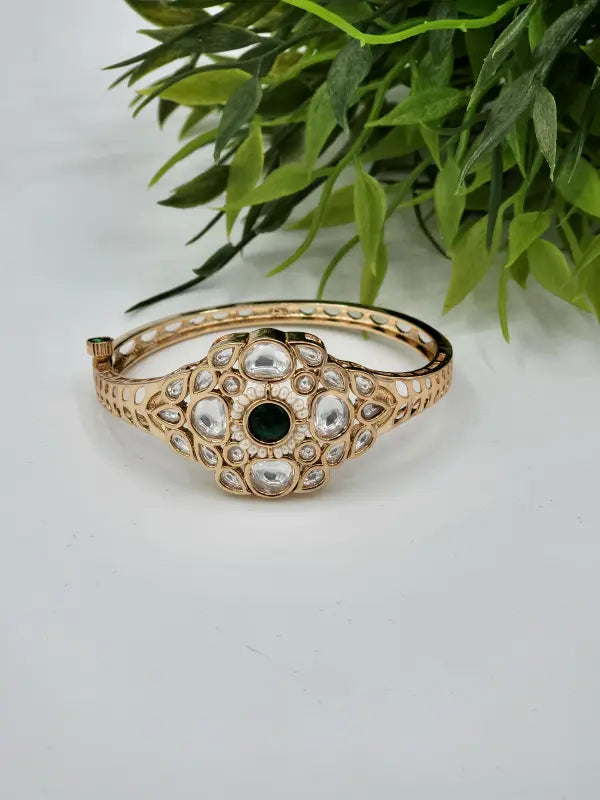 Handcrafted Kundan Jewelry with Beadwork in Golden Tone - Bracelet